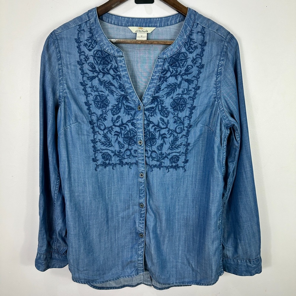Bob Timberlake Blue Button Up Shirt Womens Medium Long Sleeve Embroidered Boho
